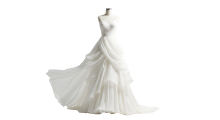 Luxurious white bridal wedding gown on a mannequin display for fashion design isolated PNG with Transparent Background