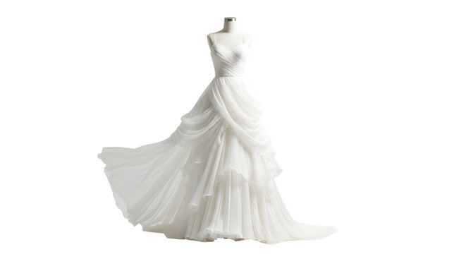 Luxurious white bridal wedding gown on a mannequin display for fashion design isolated PNG with Transparent Background