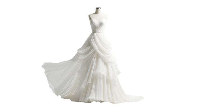 Luxurious white bridal wedding gown on a mannequin display for fashion design isolated PNG with Transparent Background