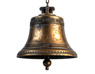 Antique Bronzed Bell with Chains and Inscription isolated on transparent background