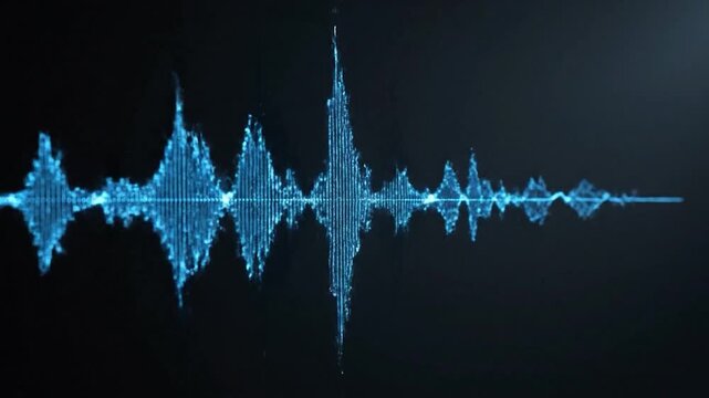 A glowing blue sound wave visualized against a dark background, illustrating audio frequency