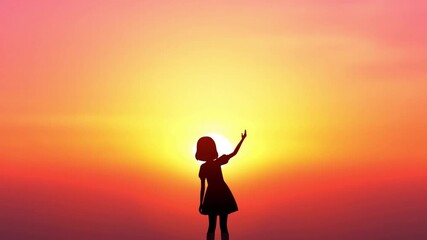 A silhouette of a girl raising her arm towards the setting sun, captured in vibrant colors Stock Video