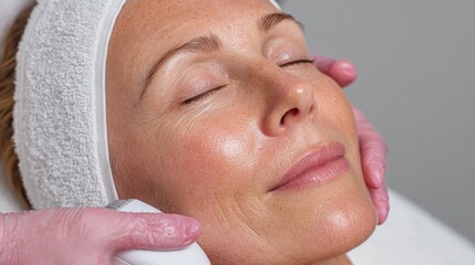 Woman getting a facial treatment with eyes closed, hands gently holding. Close-up