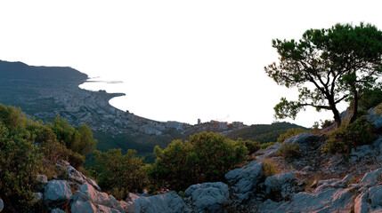 Coastal Vista: A scenic view unfolds, where rugged mountains meet a tranquil shore, under a gentle sky. The image offers a sense of vastness and natural beauty.