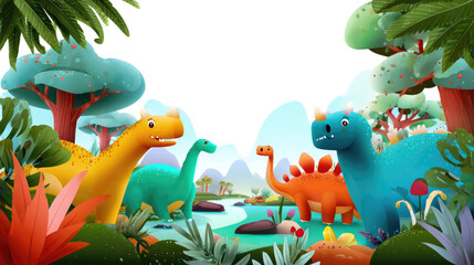 Colorful Companions in a Cartoon Landscape: A whimsical illustration features a gathering of vibrant dinosaurs amidst a stylized, animated setting, creating a scene of prehistoric charm.