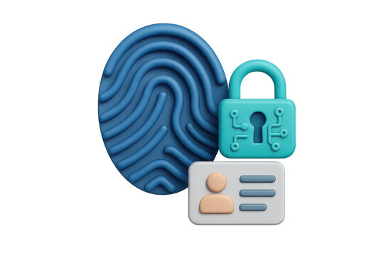 Digital fingerprint icon with padlock and ID card representing security, identity verification, and technology. This conveys importance of protecting personal information in digital world