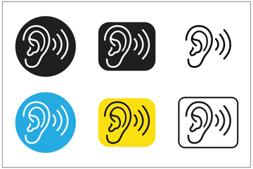 Ear icons, Black Line Ear with Sound Waves  Hearing, Listening, Audio, Sound Detection, Accessibility, and Communication Icon Set Vector Design