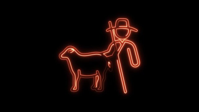 Glowing neon shepherd with lamb evokes faith and care in modern design, perfect for religious themes and pastoral scenes in a dynamic video