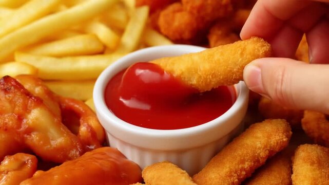 Close-up of a person dipping a crispy chicken nugget into a bowl of tomato ketchup next to french fries Stock Video