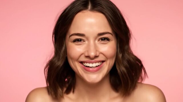 Woman with hand covering mouth, smiling, looking to the side, against a pink background