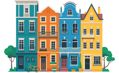 Fototapeta premium Colorful row of five townhouses with balconies, flower boxes, bicycle, trees, varied architecture, urban residential street illustration
