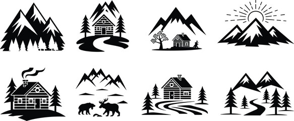 Eight black-and-white mountain cabin scenes with pine trees, winding paths, animals, sunrise, forest silhouettes, rustic nature illustration