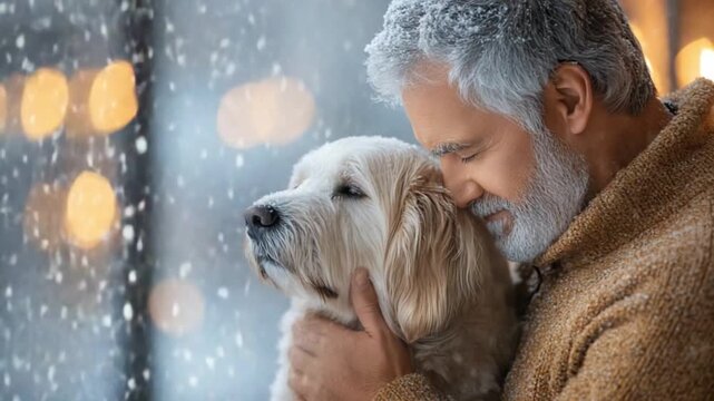Serene Bond: A senior embraces his golden retriever, nestled together against the backdrop of a gentle snowfall, capturing an atmosphere of warmth and companionship.