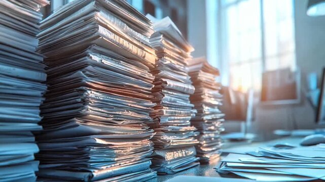 Massive Stacks of Paperwork Piled High on Office Desk. Symbolizing Bureaucracy Heavy Workload Filing and Administrative Chaos.
