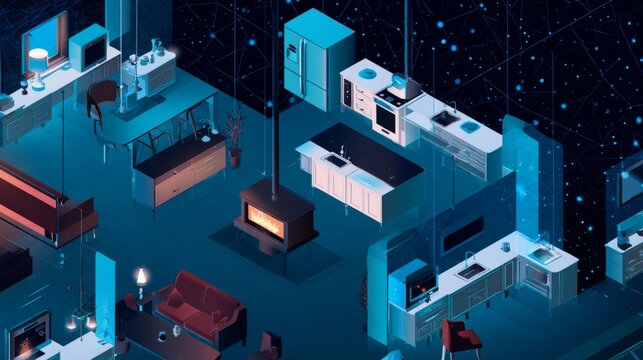 Showcase the power of the Internet of Things with a visually stunning image of a smart home filled with various connected devices and appliances AI, such as smart refrigerators, coffee makers, and ove