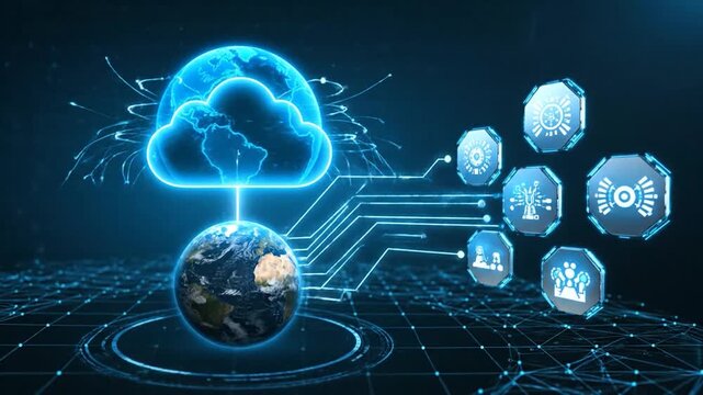 A digital visualization features Earth connected to a cloud with circuit elements, networks, and data flows