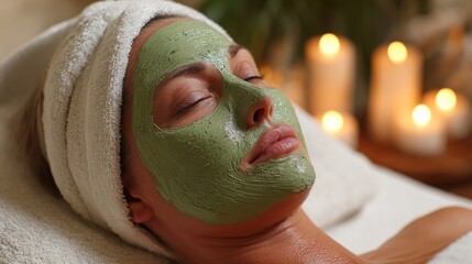 Woman reclines with green face mask, towel-wrapped hair, candles in background