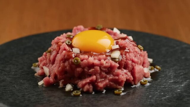A beautifully presented steak tartare topped with a vibrant egg yolk, set on a dark plate. The dish is garnished with finely diced onions and capers. Stock Video