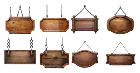 Collection of Decorative Wooden Signboards in Various Styles, Bundle Set Collection, Isolated on Transparent Background