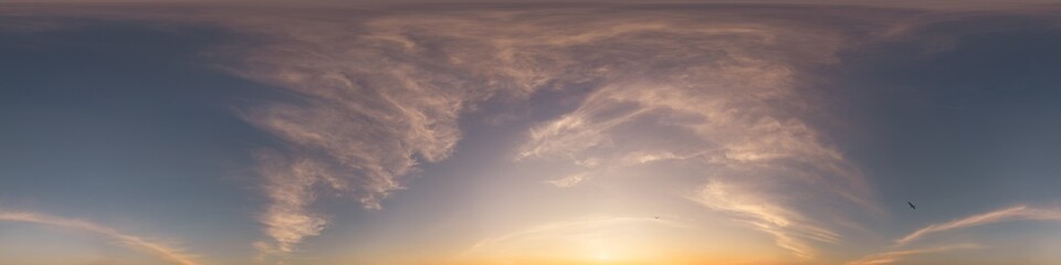 Sunset sky with bright glowing pink Cirrus clouds. Seamless spherical HDR 360 panorama. Full zenith or sky dome in 3D, sky replacement for aerial drone panoramas. Climate and weather change.