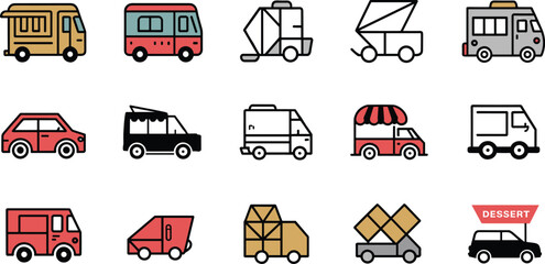 Set of sixteen colorful food truck vector illustrations featuring mobile vending vehicles, street cuisine designs, compact trailers, and dessert vans