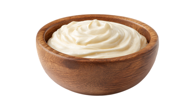 Creamy mayonnaise in a wooden bowl on transparent background, closeup view, natural light