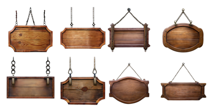 Collection of Decorative Wooden Signboards in Various Styles, Bundle Set Collection, Isolated on Transparent Background