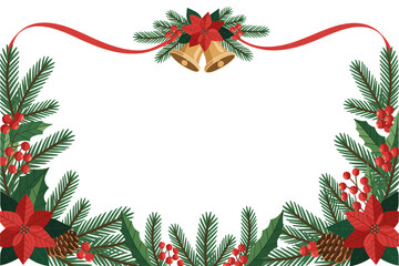 Festive Christmas frame with poinsettias, bells, and pine needles, perfect for holiday greetings and seasonal designs
