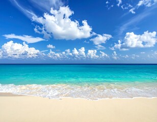 Fototapeta premium Idyllic Beach Scene with Turquoise Water and Blue Sky.
