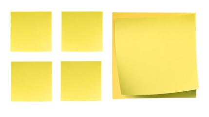 Four square yellow sticky notes and one stack on transparent background for notes