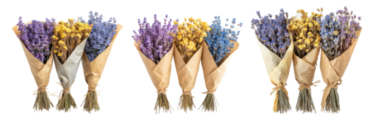 Colorful Dried Flowers in Unique Wrapping Bundles Displayed Beautifully, PNG bundle collection, Isolated on Transparent Background