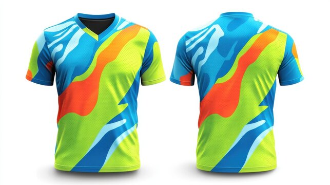 a football team jersey mockup with vibrant colors of electric blue, lime green, and bright orange, featuring a dynamic, jagged design and smooth color transitions for a futuristic style, - Powered by Adobe