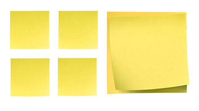 Four square yellow sticky notes and one stack on transparent background for notes