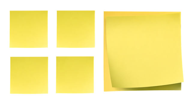 Four square yellow sticky notes and one stack on transparent background for notes - Powered by Adobe