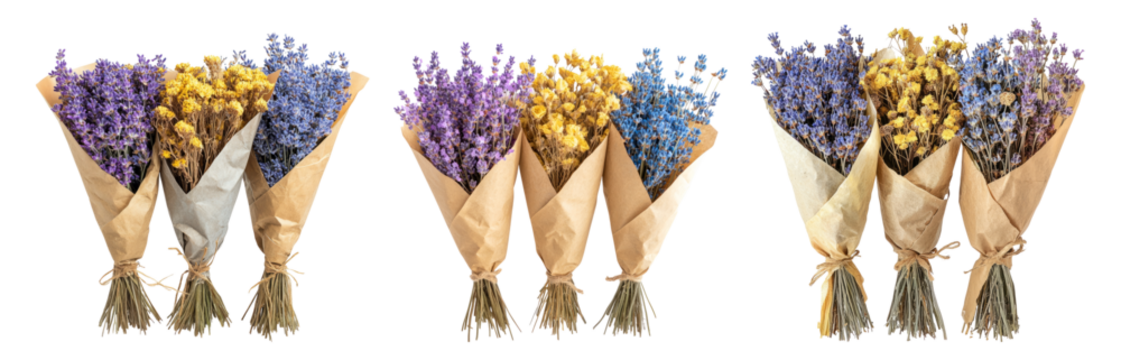 Colorful Dried Flowers in Unique Wrapping Bundles Displayed Beautifully, PNG bundle collection, Isolated on Transparent Background