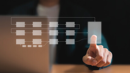 Management concept, planning, systematizing business processes and workflow automation with flowcharts, organizational hierarchy plans and process management.