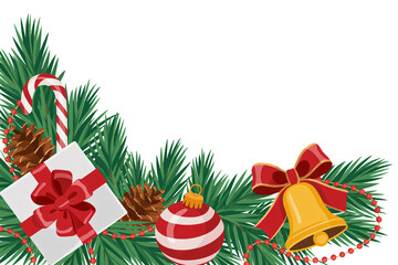 Festive holiday corner decor featuring pine branches, gift box, candy cane, ornament, pinecones, bell and red bead garland