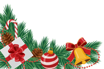 Festive holiday corner decor featuring pine branches, gift box, candy cane, ornament, pinecones, bell and red bead garland