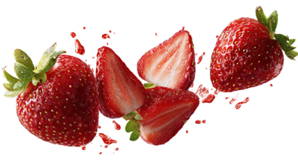 Strawberry cut out pattern. Ripe fresh flying red strawberry isolated on white background. With clipping path. Summer delicious sweet berry organic fruit, food, diet, vitamins, creative layout