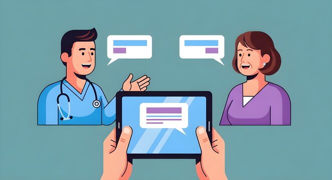 Doctor consults patient via digital tablet, promoting modern telemedicine and accessible healthcare communication.