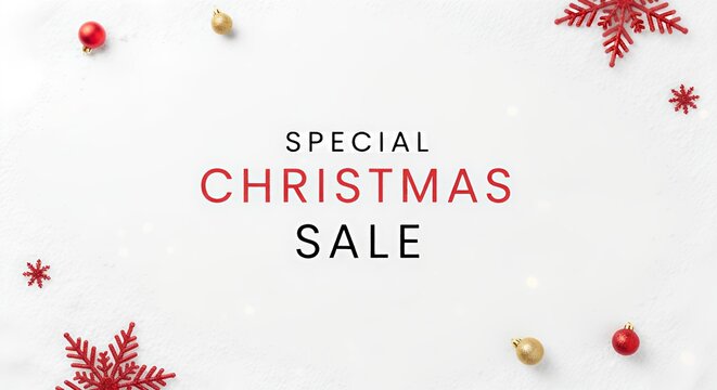 Minimalist Special Christmas Sale Background Banner with Red Snowflakes, Gold, and Red Ornaments