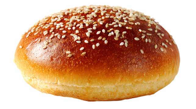 Freshly baked burger bun topped with sesame seeds isolated on transparent background for design