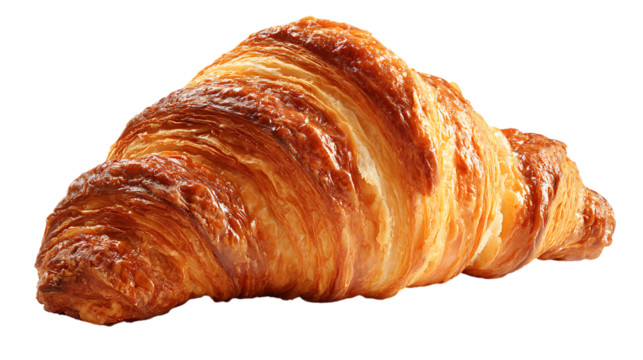 Golden brown croissant closeup on transparent background showcasing layers and delicious texture