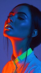 Woman with dramatic lighting, angled head, glossy lips, and illuminated face