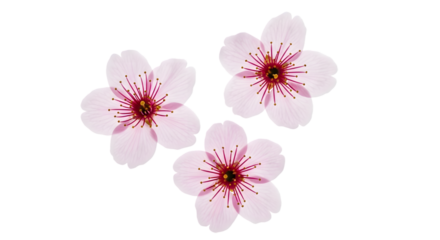 Three delicate light pink cherry blossom flowers with dark red centers isolated on transparent background