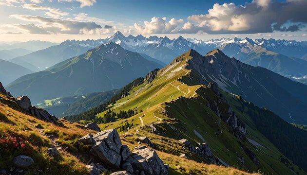 Aerial view of mountain peaks under a bright sky with fluffy clouds. Green rolling hills lead to jagged peaks in the distance