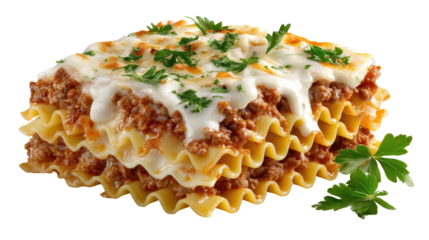 Delectable Lasagna Delight: A culinary masterpiece of perfectly layered lasagna, oozing with rich, savory flavors and textures. Fresh, aromatic herbs garnish this enticing dish.