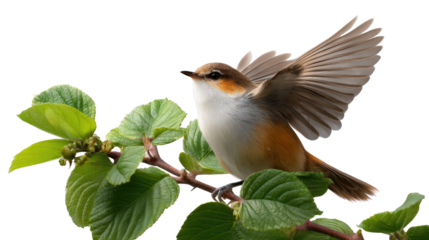 Bird in Flight: A vibrant bird, with its wings outstretched, perched gracefully on a leafy branch against a serene backdrop, its feathers showcased in a moment of natural beauty.