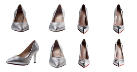 Elegant Silver High Heels with Various Angles for Fashion Display, Bundle Set Collection, Isolated on Transparent Background