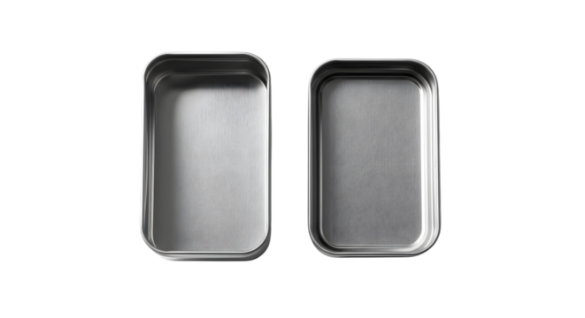 Two empty rectangular silver metal tins with textured interiors isolated on transparent background
